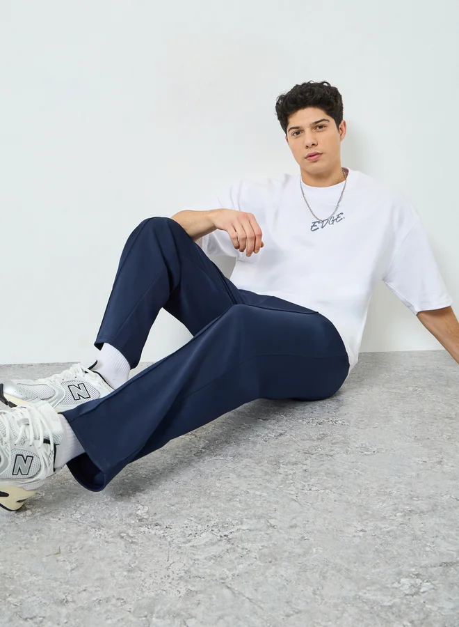 Men Navy Pintuck Open Hem Relaxed Fit Joggers
