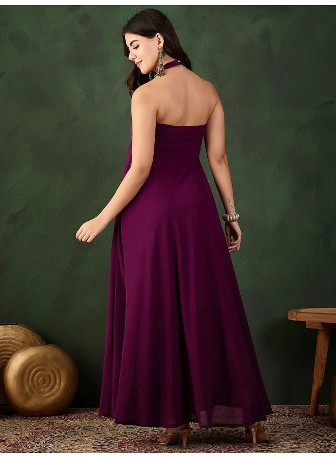 أيه كيه إس فستان سهرة طويل مزين بالترتر بلون النبيذ