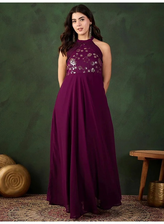 AKS Wine Sequinned Party Wear Maxi Dress