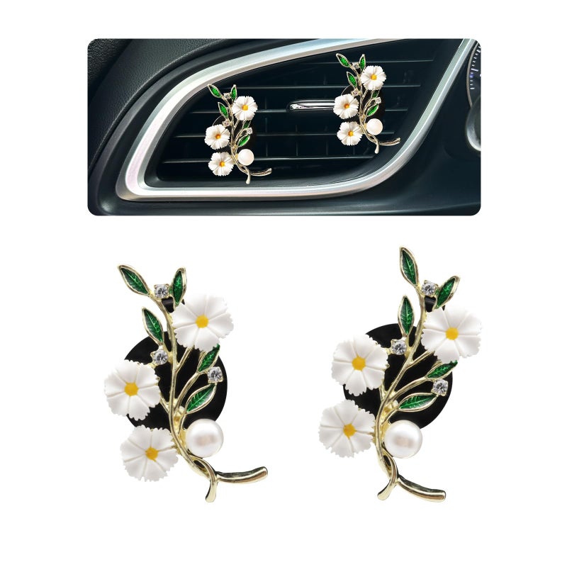 ORIESSE Flowers Car Accessories2pcs White Daisy Green Leaves Air Vent Clips Car Air FreshenerFlower Car Decor for WomenGirly Refillable Diffuser - Image 3
