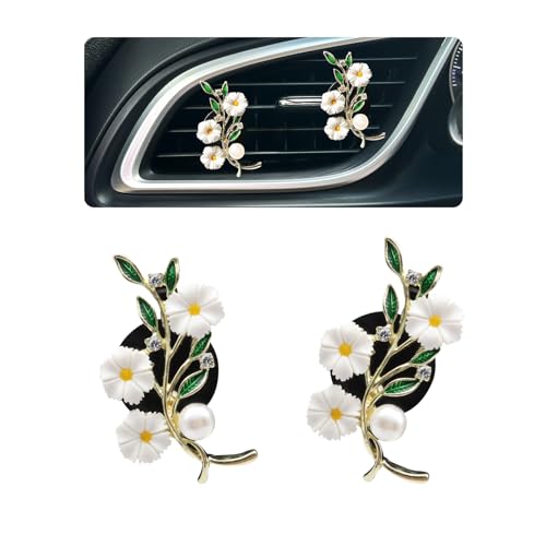ORIESSE Flowers Car Accessories2pcs White Daisy Green Leaves Air Vent Clips Car Air FreshenerFlower Car Decor for WomenGirly Refillable Diffuser - Image 1