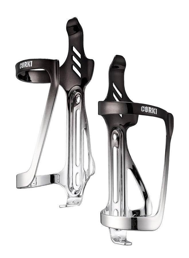 Corki Cycles Bike Water Bottle Holder Aluminum Alloy Side Load Water Bottle Cage, Right and Left Entry Bike Water Bottle Holder for Road & Mountain Bikes - Right Duo Pack - 2Pack - Black & Silver - Image 1