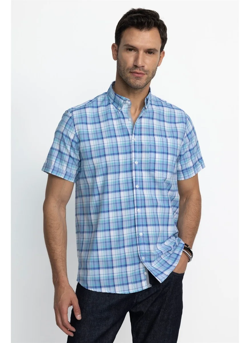 Tudors Classic Fit Short Sleeve Plaid Button Collar Men's Colorful Shirt