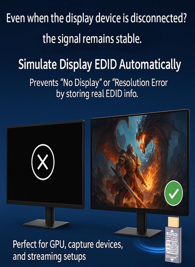 EVanlak DMI Passthrough EDID Emulator Adapter - Dummy Plug Virtual Monitor Headless Ghost Display, 1080P@60Hz to 8K@30Hz Resolution, 1 Pack - Image 2