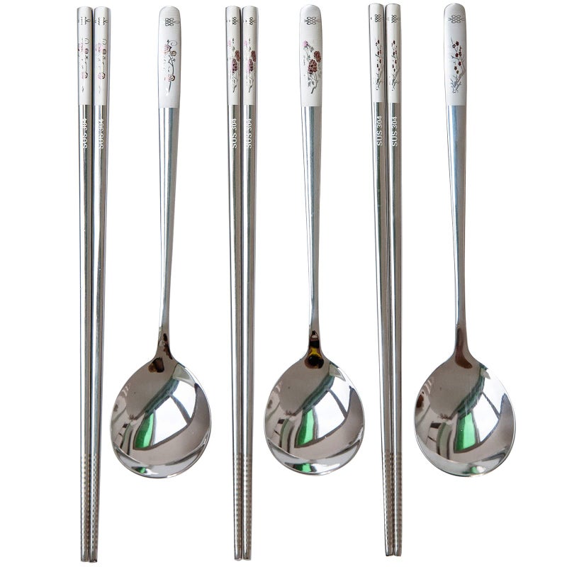 YAPULLYA Reusable Chopstick and Spoon Set, Korean Long Handle Stainless Steel Spoon and Chopsticks Set, Dishwasher Safe Metal Chop sticks, Set of 3. (Multi-patterned) - Image 1