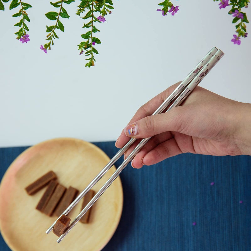 YAPULLYA Reusable Chopstick and Spoon Set, Korean Long Handle Stainless Steel Spoon and Chopsticks Set, Dishwasher Safe Metal Chop sticks, Set of 3. (Multi-patterned) - Image 2