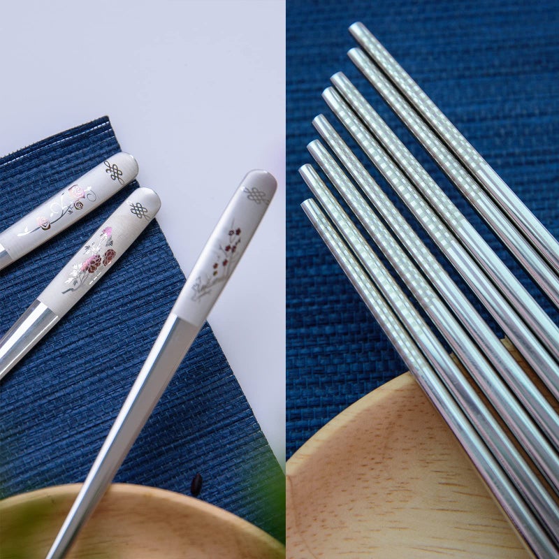 YAPULLYA Reusable Chopstick and Spoon Set, Korean Long Handle Stainless Steel Spoon and Chopsticks Set, Dishwasher Safe Metal Chop sticks, Set of 3. (Multi-patterned) - Image 5