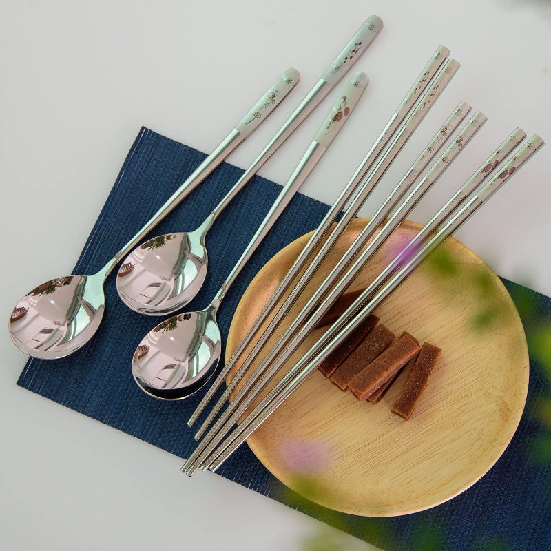 YAPULLYA Reusable Chopstick and Spoon Set, Korean Long Handle Stainless Steel Spoon and Chopsticks Set, Dishwasher Safe Metal Chop sticks, Set of 3. (Multi-patterned) - Image 4