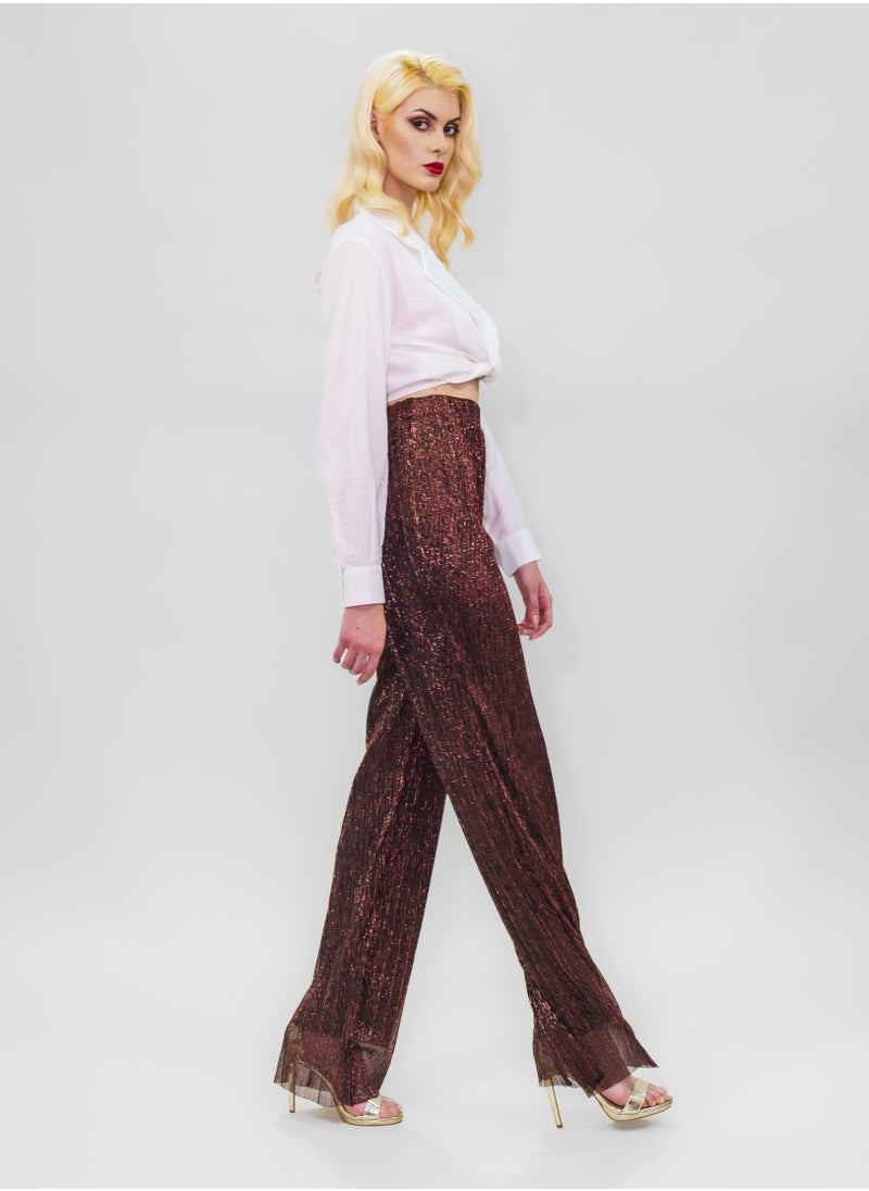 BITOLIA GALLERY Comfortable Long Lurex Shiny Pants Red Black with Stripes  - Image 4