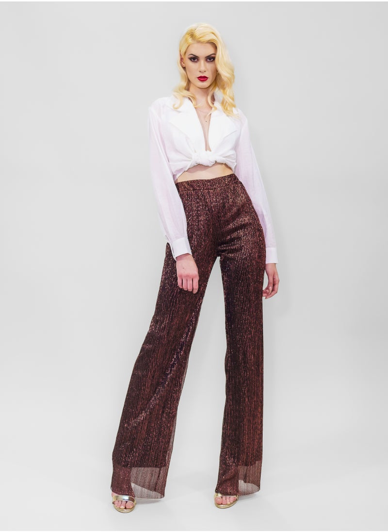 BITOLIA GALLERY Comfortable Long Lurex Shiny Pants Red Black with Stripes  - Image 1