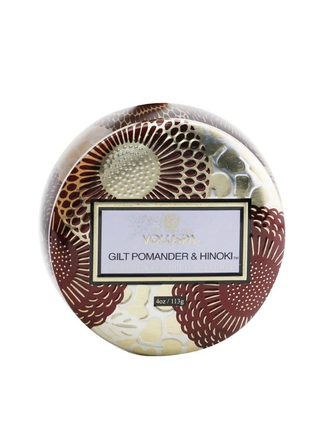 Voluspa Gilt Pomander & Hinoki Candle | Mini Tin | 4 Oz. | 25 Hour Burn Time | All Natural Wicks and Coconut Wax for Clean Burning | Vegan - Image 1