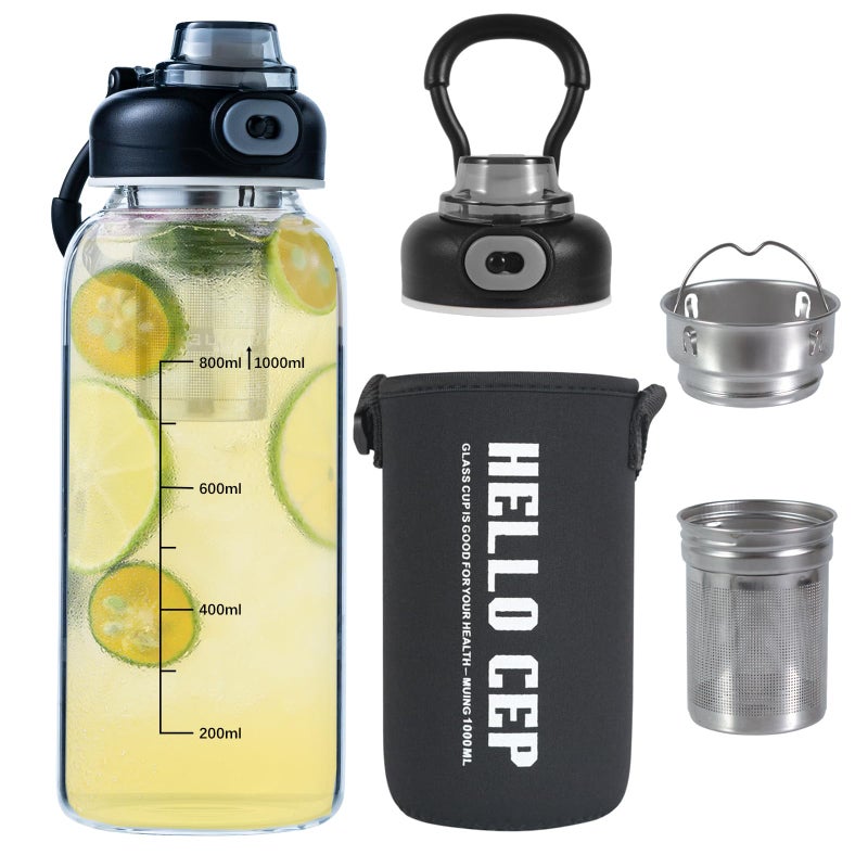 CHPINDAM 34oz tea bottle with infuser - Large Capacity Glass Water Bottle, With Time Mark, Stainless Steel Tea Strainer,Sleeve, BPA Free,For hot or cold drinks, coffee, tea and water - Image 1