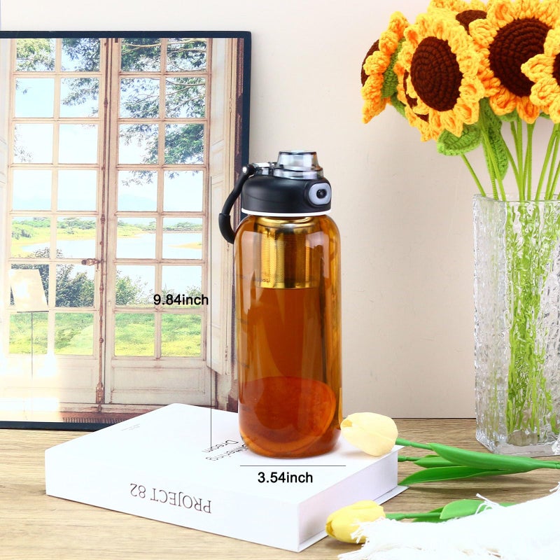 CHPINDAM 34oz tea bottle with infuser - Large Capacity Glass Water Bottle, With Time Mark, Stainless Steel Tea Strainer,Sleeve, BPA Free,For hot or cold drinks, coffee, tea and water - Image 3