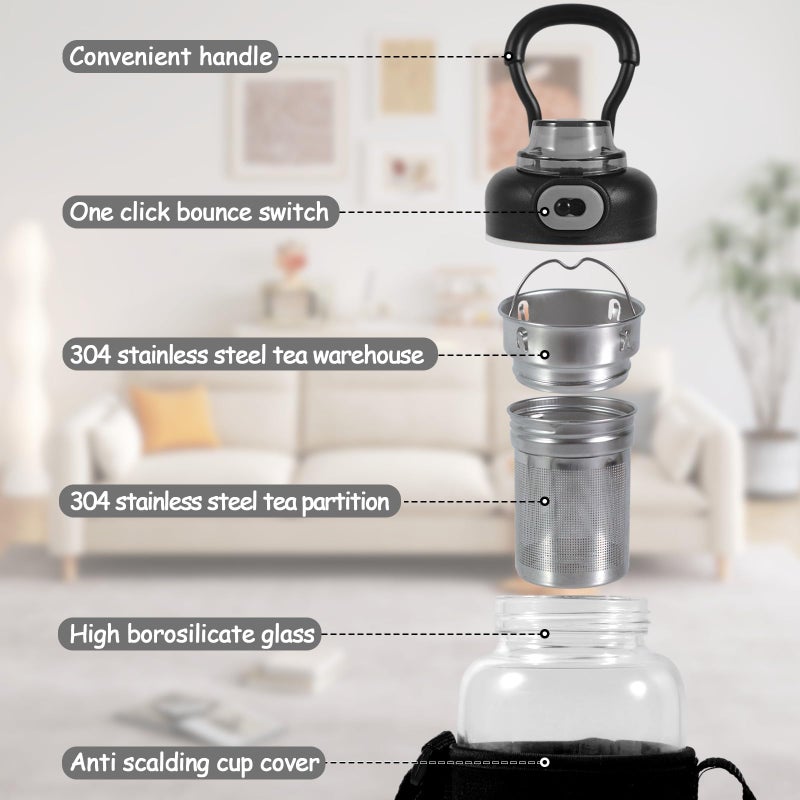 CHPINDAM 34oz tea bottle with infuser - Large Capacity Glass Water Bottle, With Time Mark, Stainless Steel Tea Strainer,Sleeve, BPA Free,For hot or cold drinks, coffee, tea and water - Image 2