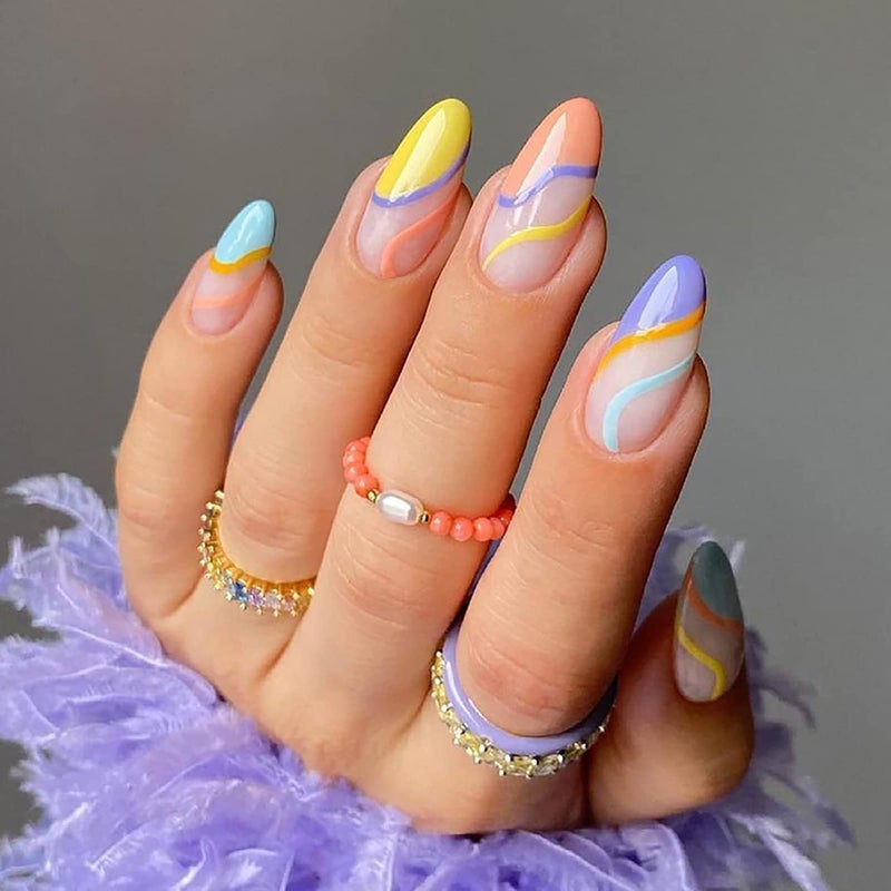 Misssix 6 Packs (144 Pcs) Press on Nails Medium Design, Misssix Fake Nails Almond and Square Glue on Nails Set with Adhesive Tabs Nail File Acrylic False Nail Kits for Women - Image 3