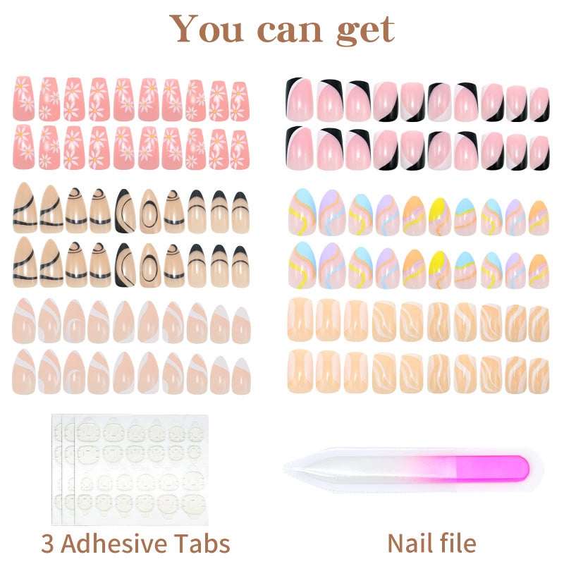 Misssix 6 Packs (144 Pcs) Press on Nails Medium Design, Misssix Fake Nails Almond and Square Glue on Nails Set with Adhesive Tabs Nail File Acrylic False Nail Kits for Women - Image 2