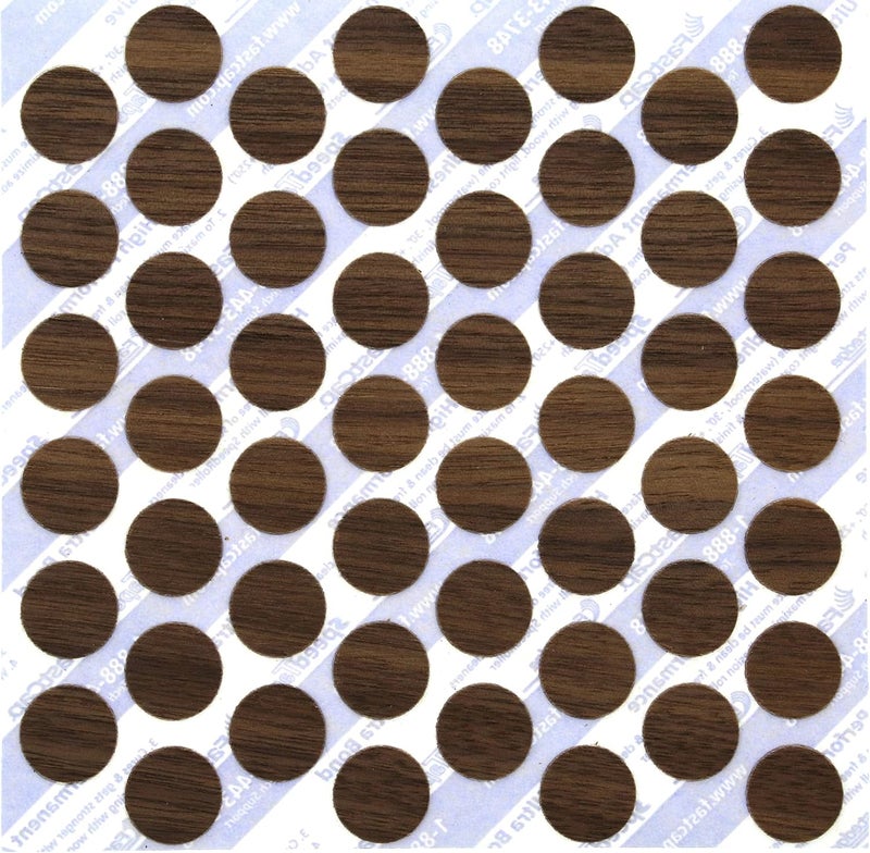 FastCap Adhesive Cover Caps - Pre-Finished Wood Walnut, 9/16" Diameter, 1 Sheet with 52 Caps - Image 1