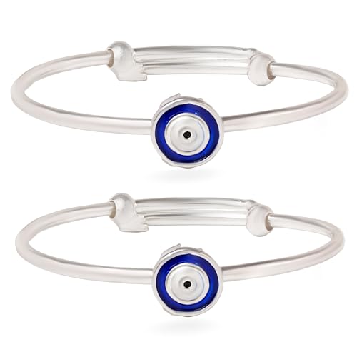 Silver Chest 925 Sterling Silver Baby Nazariya Bangles � Evil Eye Adjustable Bangles for Kids, Blue & White Enamel Protection Kada, Safe Hypoallergenic Jewellery for Boys & Girls, Gift Box Included - Image 1