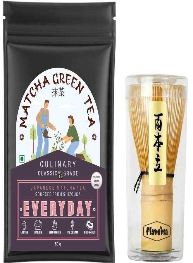 Flavoma Japanese Handmade Bamboo Matcha Whisk | Chasen | Brush + Japanese Matcha Green Tea Powder (50G) 25 Servings | Sourced From Shizouka Japan - The Perfect Set to Prepare a Traditional Cup of Matchaa (Culinary Grade) - Image 1