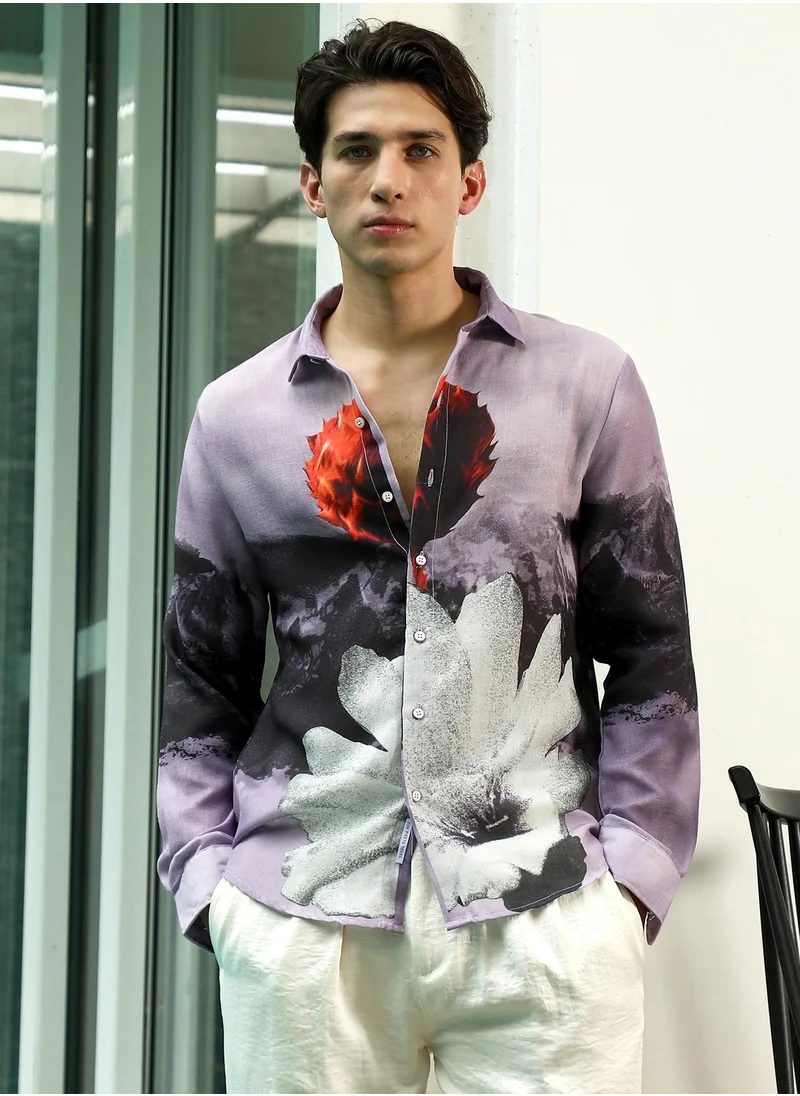 Campus Sutra Men's Purple Floral Printed Rayon Shirt With Spread Collar