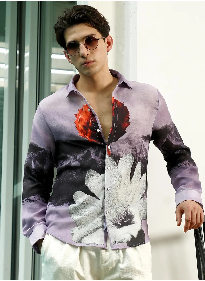 Campus Sutra Men's Purple Floral Printed Rayon Shirt With Spread Collar