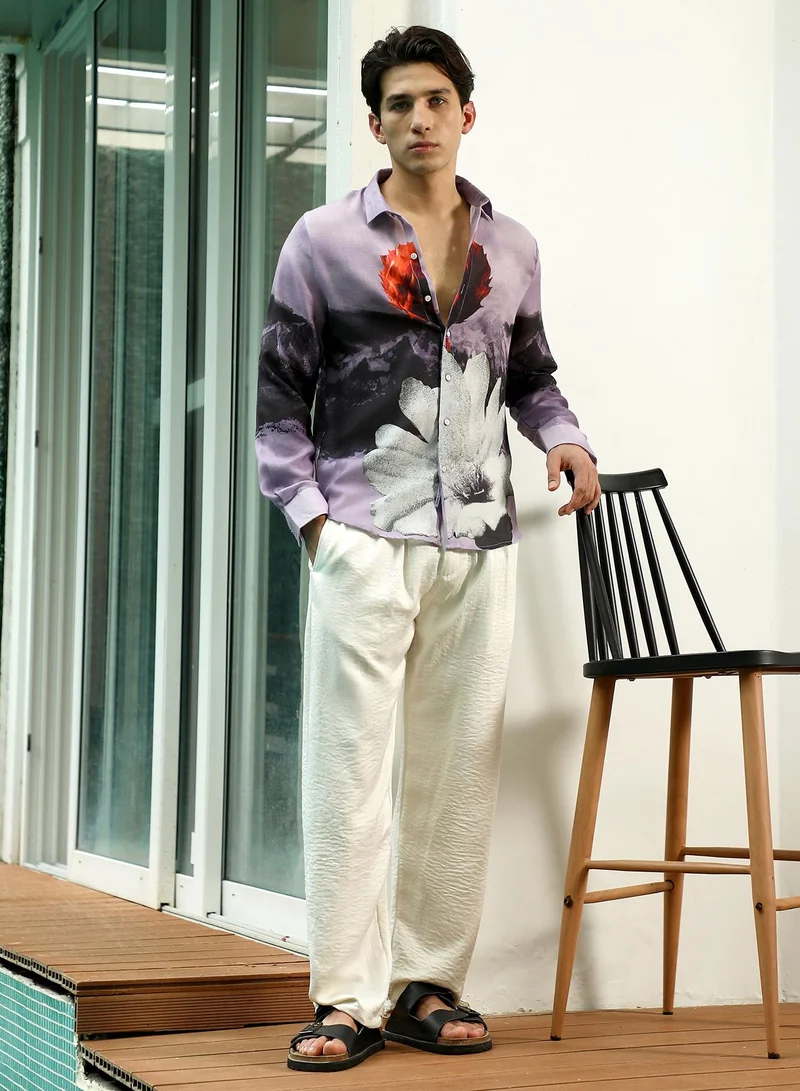 Campus Sutra Men's Purple Floral Printed Rayon Shirt With Spread Collar
