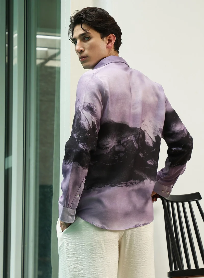 Campus Sutra Men's Purple Floral Printed Rayon Shirt With Spread Collar