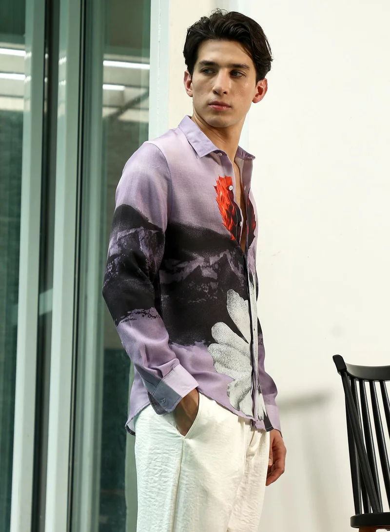 Campus Sutra Men's Purple Floral Printed Rayon Shirt With Spread Collar