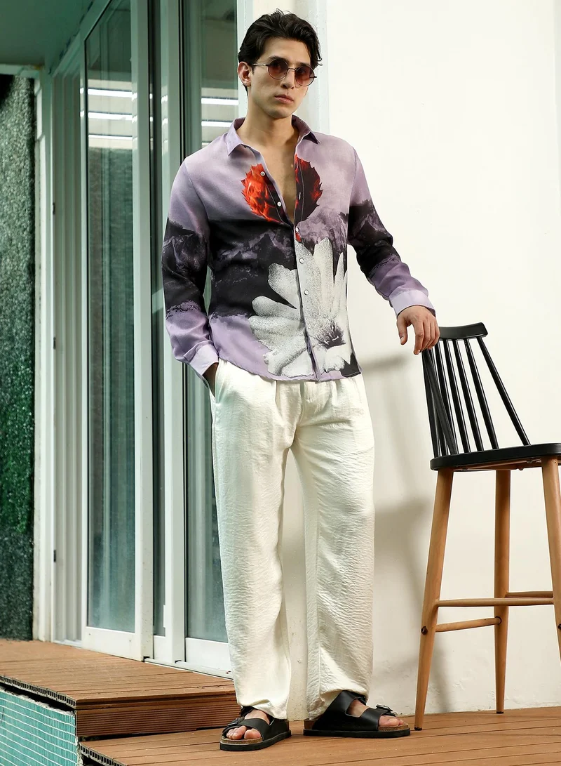 Campus Sutra Men's Purple Floral Printed Rayon Shirt With Spread Collar