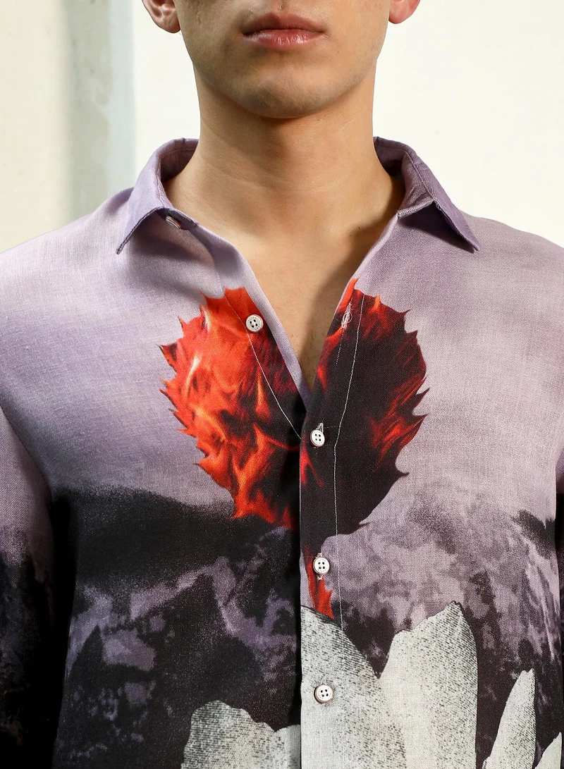 Campus Sutra Men's Purple Floral Printed Rayon Shirt With Spread Collar
