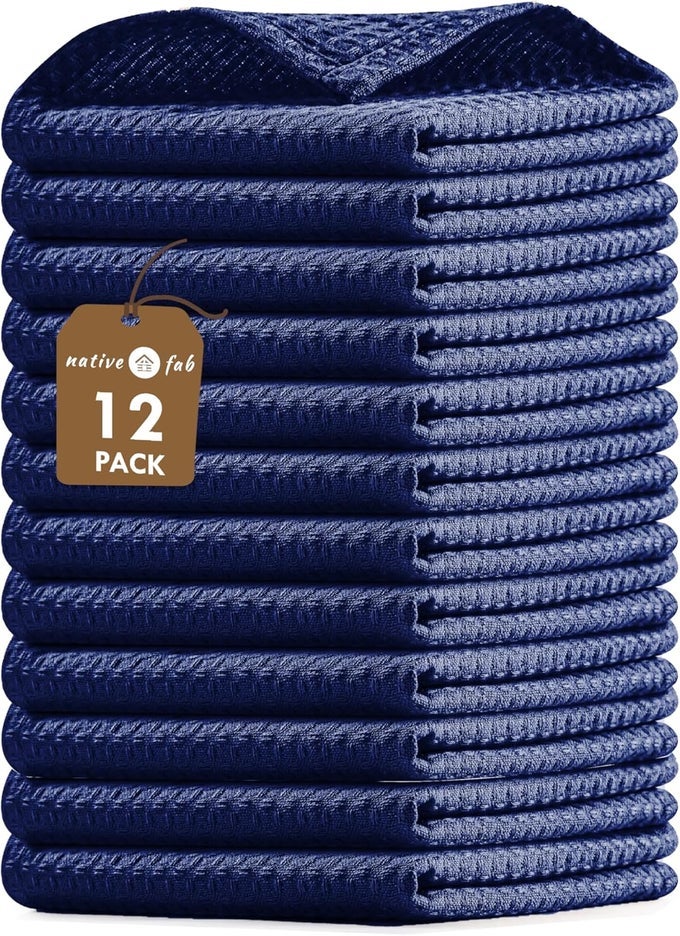 WAFFLE DISHCLOTHS 12 PACK 100 COTTON ULTRA ABSORBENT DISH CLOTHS FOR KITCHEN CLEANING DRYING AND COOKING SOFT AND DURABLE TOWELS FOR EVERYDAY USE 12X12 INCH INK BLUE