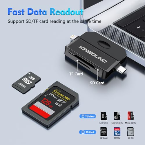 Kinsound 5 in 1 SD & TF Card Reader for iPhone with Type-C, Lighting & USB Ports, Memory Card Reader Compatible with TF, SD, SDHC, SDXC, MMC, RS-MMC, Micro SDXC for iPhone & Android Phone - Image 2