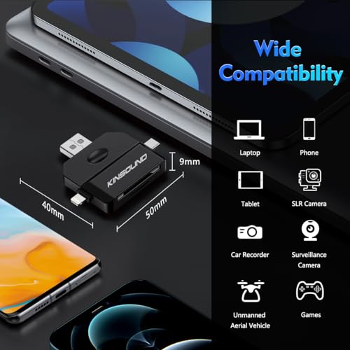Kinsound 5 in 1 SD & TF Card Reader for iPhone with Type-C, Lighting & USB Ports, Memory Card Reader Compatible with TF, SD, SDHC, SDXC, MMC, RS-MMC, Micro SDXC for iPhone & Android Phone - Image 5