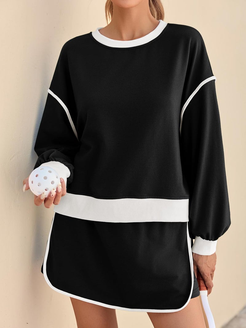 Fisoew Womens Shorts Sets 2 piece outfits Casual Crewneck Sweatshirts High Waisted Skort Skirts Sets Activewear Sets - Image 3