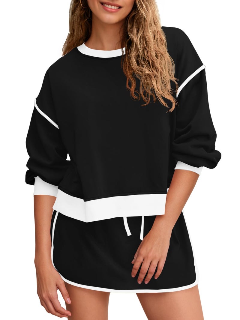 Fisoew Womens Shorts Sets 2 piece outfits Casual Crewneck Sweatshirts High Waisted Skort Skirts Sets Activewear Sets - Image 1