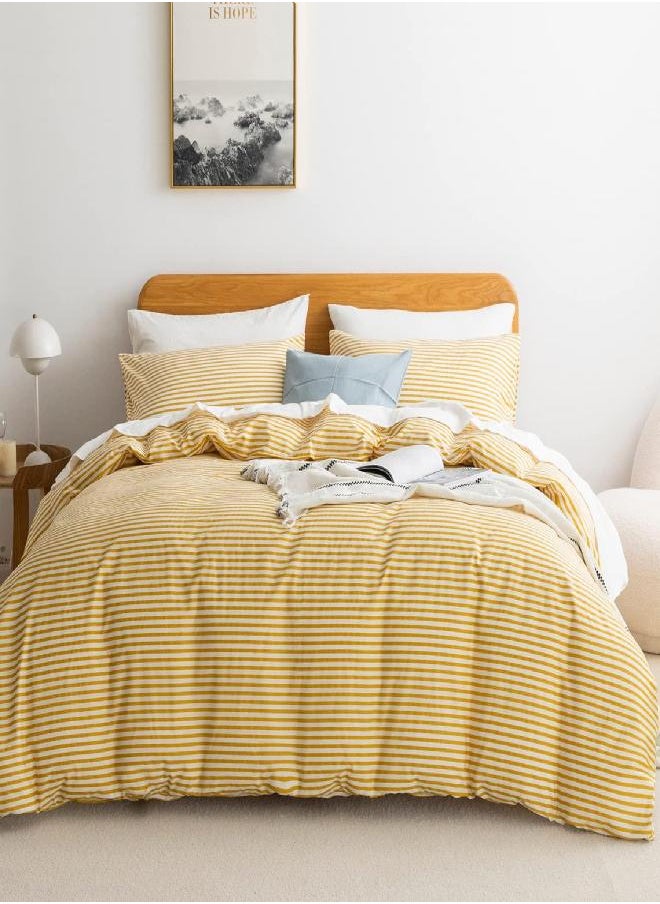 JELLYMONI - JELLYMONI 100% Natural Cotton 3pcs Striped Duvet Cover Sets,White Duvet Cover with Yellow Stripes Pattern Printed Comforter Cover,with Zipper Closure & Corner Ties(Queen Size) - Image 1
