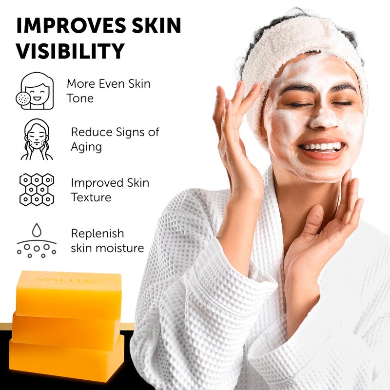 VALITIC Kojic Acid Dark Spot Remover Soap with Turmeric, Vitamin C, Retinol - Original Japanese Complex - Hyaluronic Acid, Vitamin E, Shea Butter, Castile Olive Oil - 3 Pack Bundle with African Net - Image 2
