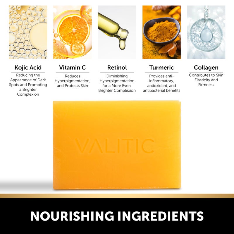 VALITIC Kojic Acid Dark Spot Remover Soap with Turmeric, Vitamin C, Retinol - Original Japanese Complex - Hyaluronic Acid, Vitamin E, Shea Butter, Castile Olive Oil - 3 Pack Bundle with African Net - Image 5