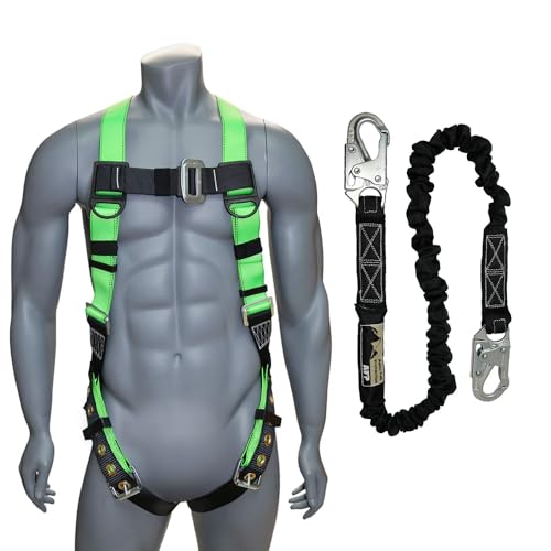 AFP Universal Full-Body Fall Protection Safety Harness w/Dorsal D-Ring Tongue Buckle Legs Hi-Viz Green, Shock Absorbing Lanyard (OSHA/ANSI Rated) (1 Pack, Harness + Single Leg Lanyard w/Snap Hooks) - Image 1