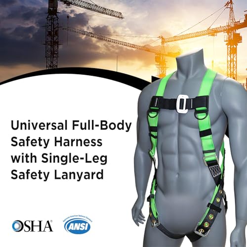 AFP Universal Full-Body Fall Protection Safety Harness w/Dorsal D-Ring Tongue Buckle Legs Hi-Viz Green, Shock Absorbing Lanyard (OSHA/ANSI Rated) (1 Pack, Harness + Single Leg Lanyard w/Snap Hooks) - Image 2