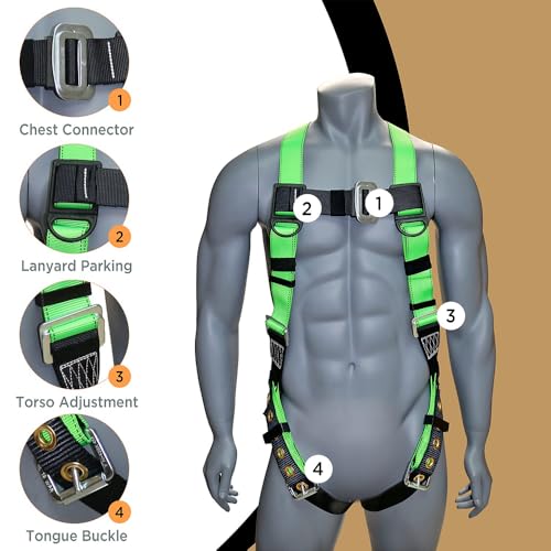AFP Universal Full-Body Fall Protection Safety Harness w/Dorsal D-Ring Tongue Buckle Legs Hi-Viz Green, Shock Absorbing Lanyard (OSHA/ANSI Rated) (1 Pack, Harness + Single Leg Lanyard w/Snap Hooks) - Image 5