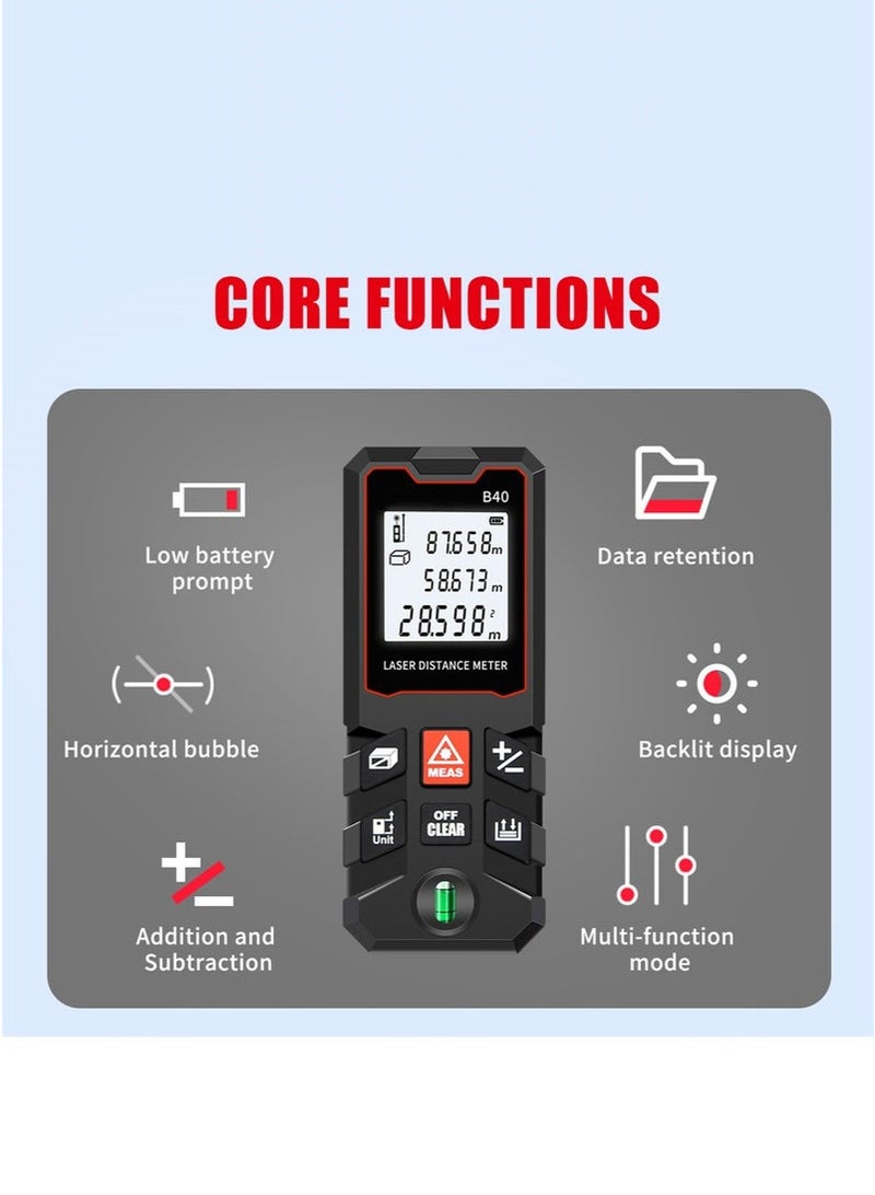 عربست جهاز قياس المسافة بالليزر الرقمي 40م/60م/80م/100م مع مستوى الفقاعة، جهاز قياس ليزر محمول باليد بشاشة LCD، جهاز تحديد المدى الصغير، أداة قياس المسافة/المساحة/الحجم/فيثاغورس، وحدة التبديل - Image 2