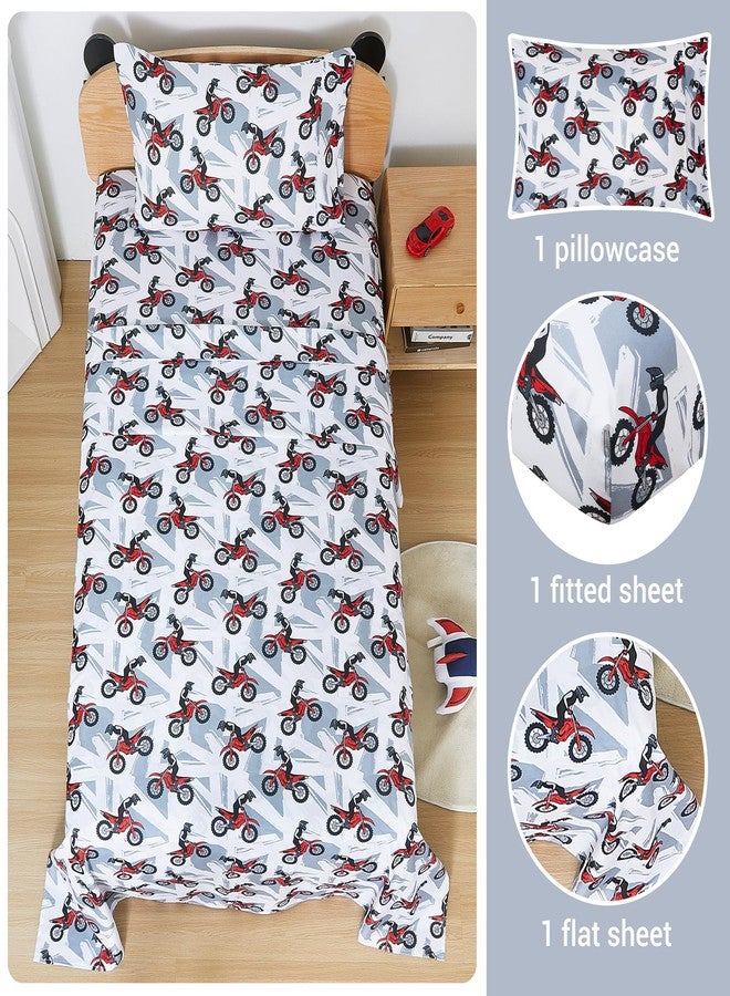 Viviland 3 Pieces Boys Grey Twin Sheet Set - Soft Microfiber Fitted Flat Sheets & Pillowcase - Red Motorcycle Print Bedding Sets - for Kids & Toddlers - Image 2