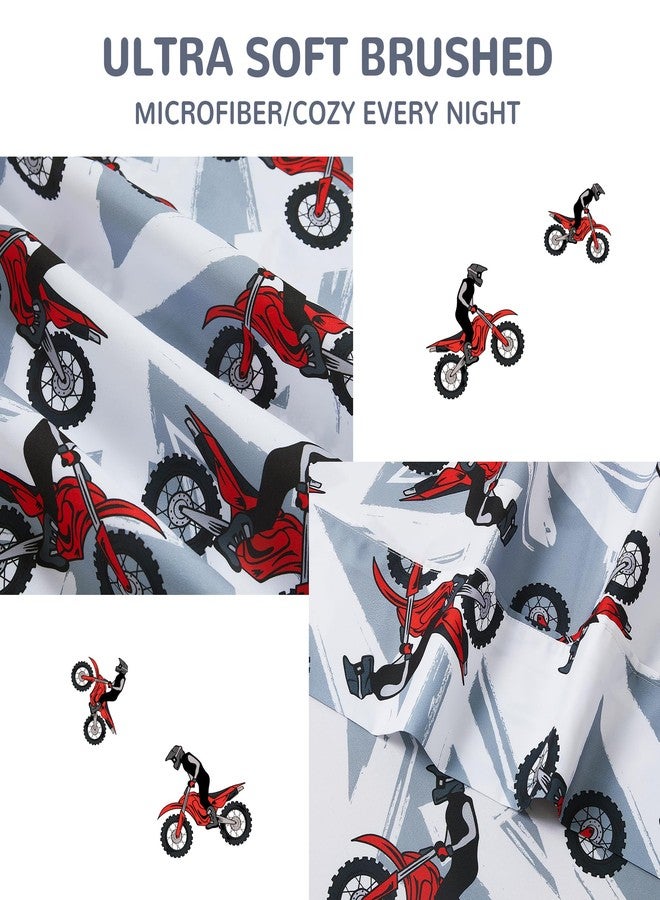 Viviland 3 Pieces Boys Grey Twin Sheet Set - Soft Microfiber Fitted Flat Sheets & Pillowcase - Red Motorcycle Print Bedding Sets - for Kids & Toddlers - Image 4