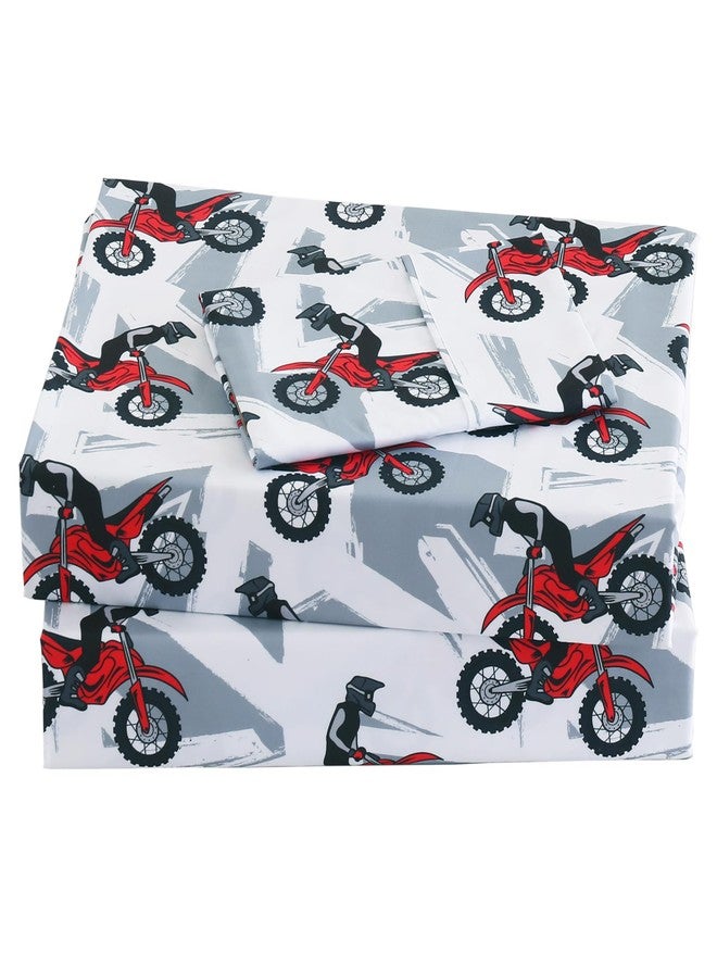 Viviland 3 Pieces Boys Grey Twin Sheet Set - Soft Microfiber Fitted Flat Sheets & Pillowcase - Red Motorcycle Print Bedding Sets - for Kids & Toddlers - Image 1