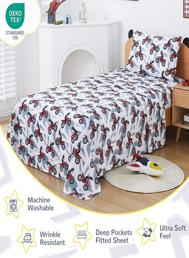 Viviland 3 Pieces Boys Grey Twin Sheet Set - Soft Microfiber Fitted Flat Sheets & Pillowcase - Red Motorcycle Print Bedding Sets - for Kids & Toddlers - Image 3