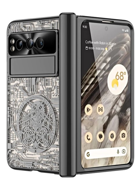 Case for Google Pixel Fold Stylish Mechanical Gear Pattern Clear Plating PC All-Inclusive with Magnetic Hinge Protection Slide Kickstand and Front Screen Protector Black