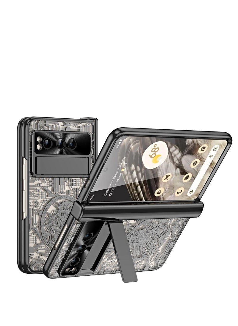 Y&D - Case for Google Pixel Fold Stylish Mechanical Gear Pattern Clear Plating PC All-Inclusive with Magnetic Hinge Protection Slide Kickstand and Front Screen Protector Black - Image 1