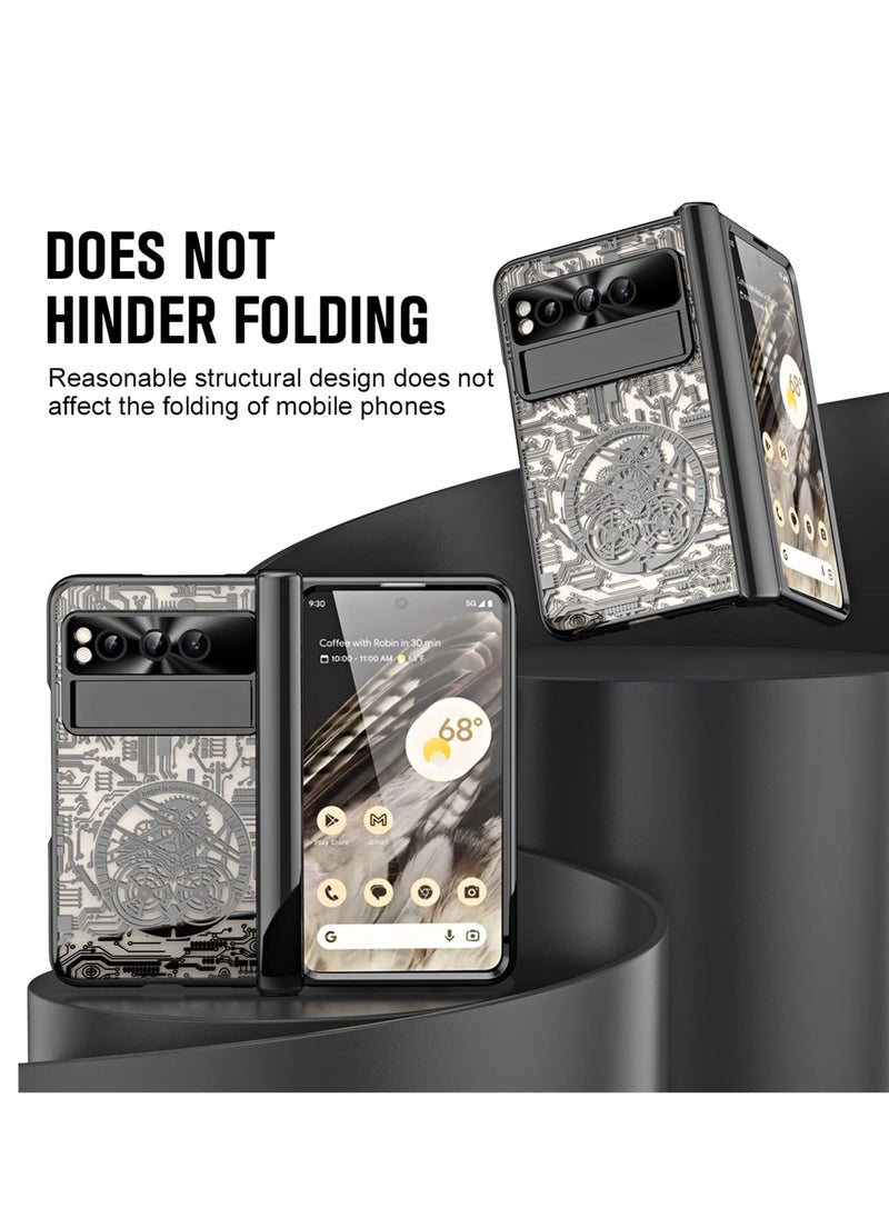 Y&D - Case for Google Pixel Fold Stylish Mechanical Gear Pattern Clear Plating PC All-Inclusive with Magnetic Hinge Protection Slide Kickstand and Front Screen Protector Black - Image 1