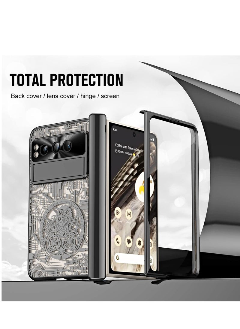 Y&D - Case for Google Pixel Fold Stylish Mechanical Gear Pattern Clear Plating PC All-Inclusive with Magnetic Hinge Protection Slide Kickstand and Front Screen Protector Black - Image 1